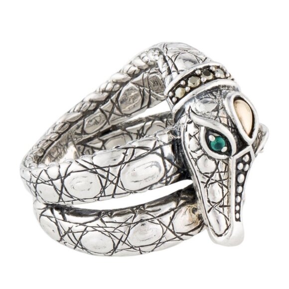 JOHN HARDY STERLING SILVER DYED CHALCEDONY & PYRITE CROCODILE JAI COCKTAIL RING - Picture 3 of 13